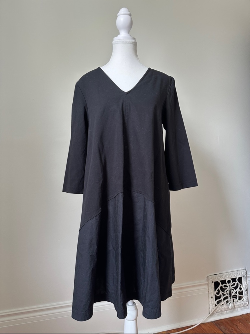 COS 100% Cotton Vneck A-Line 3/4 Sleeve Lagenlook Everyday Dress Size Large
